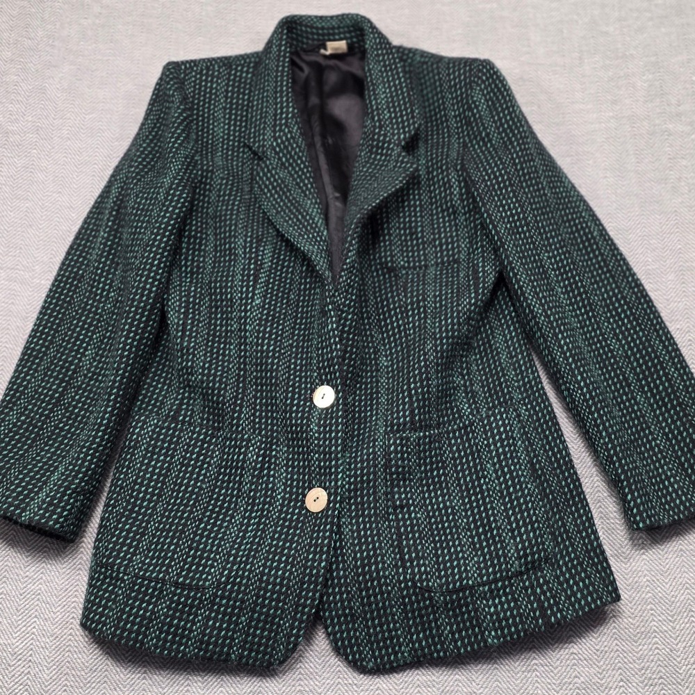 Chloe & Chyna Vintage 100% Wool Blazer Jacket Green Black Textured Size 10